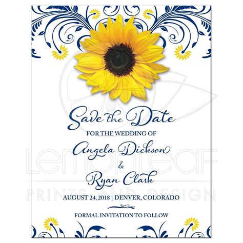 Navy Blue Yellow Sunflower Wedding Save the Date