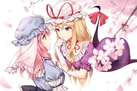 2girls Blonde Hair Bow Breasts Cherry Blossoms Cleavage Dress Elbow