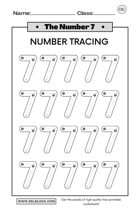 Tracing Number 7 Worksheets English As A Second Language