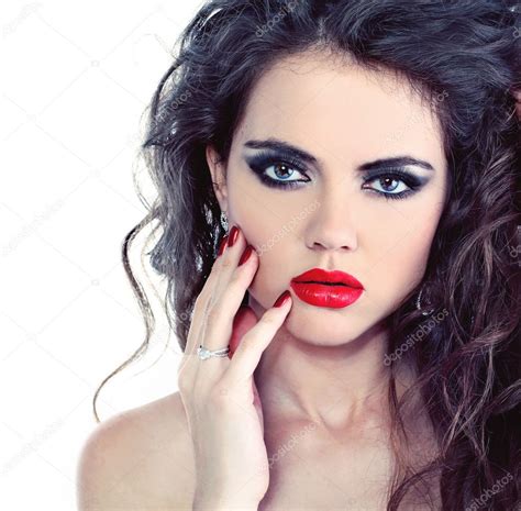 Portrait Of Sexy Beautiful Woman With Bright Make Up And Curl Ha Stock