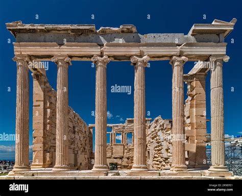Ionic Columns At Erechtheion Temple Acropolis Of Athens Greece Stock