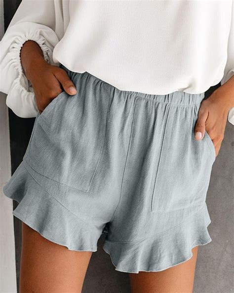 Solid Ruffle Hem Shorts In 2020 Fashion Printed Casual Dresses