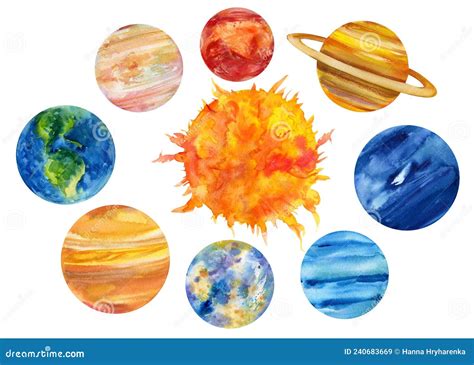 Sistema Solar Planetas De Acuarela Aislados De Fondo Blanco Ilustración