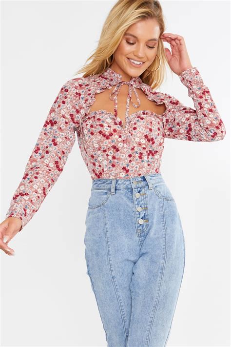 Fashion Influx Blush Floral Cupped Tie Neck Bodysuit In The Style