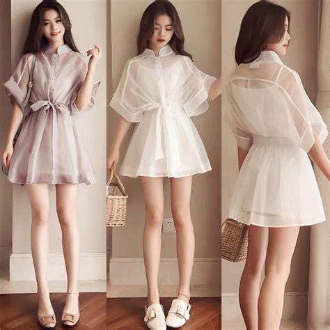 7 99 korean women batwing sleeve buttons short tunic dress mesh party casual summer ebay