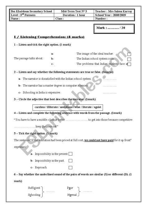 Mid Term Test N°3 Third Formers Esl Worksheet By English Forever