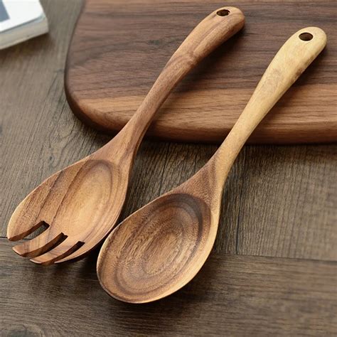 Natural Kitchen Wooden Spoon Set Large Salad Dinner Serving Spoons