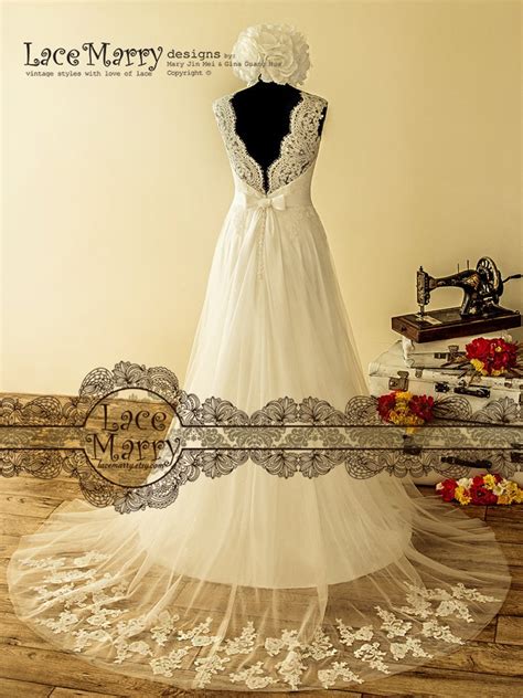 Bohemian Lace Wedding Dress With Tulle Skirt Boho Wedding Etsy
