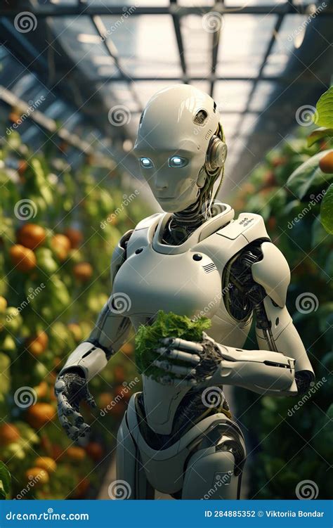 Android Robot Grows Vegetables And Greens In A Large Greenhouse Stock