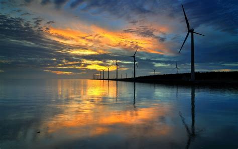 Windmills Sunset Nature Reflection Wind Turbine Hd Wallpaper