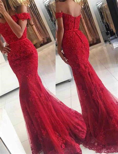 Mermaid Off The Shoulder Sweep Train Red Prom Dress With Sash Lace In