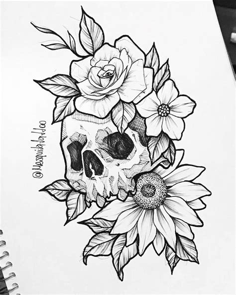 Skull And Flower Tattoo Drawings