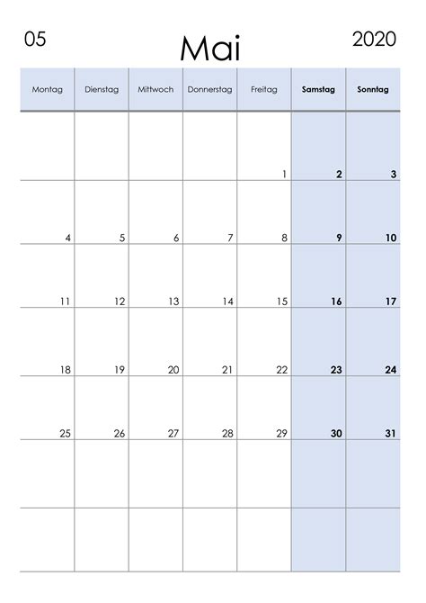Kalender Mai 2020 Kleine Ziffern Im Hochformat Kalendersu