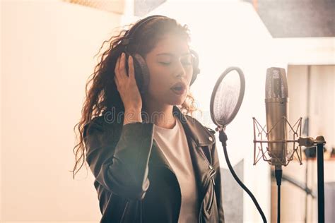Pretty Female Singer Recording In Music Studio Stock Image Image Of