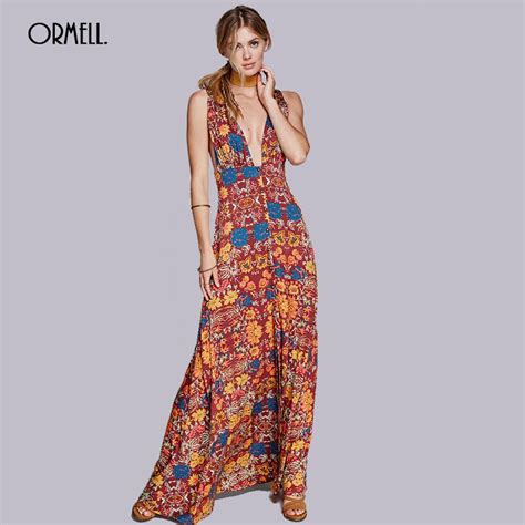 Ormell 2017 Summer Boho Maxi Dress Sexy Sleeveless Women Deep V Neck Dresses Floral Print A Line