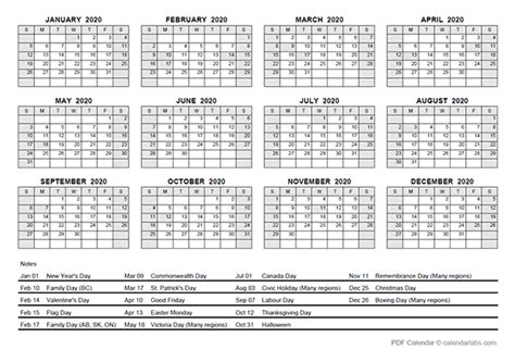 2020 Yearly Calendar With Canada Holidays Free Printable Templates