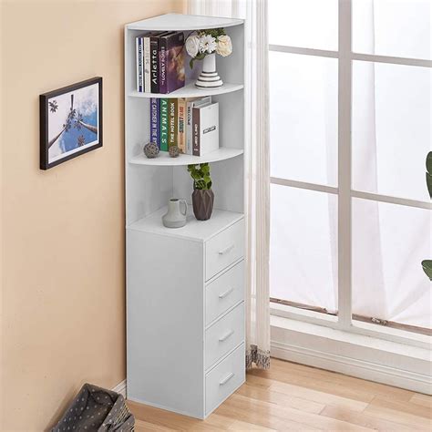 Huisen White Living Room Bookcase Storage Cabinet Corner Slimline Tall