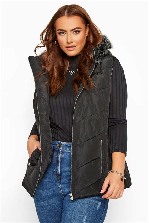 Black Quilted Faux Fur Trim Gilet Yours Clothing