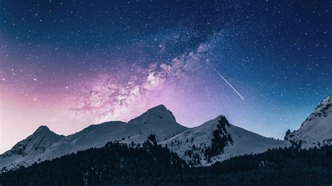 Snowy Mountains Sky With Stars And Comet Wallpaper 4k
