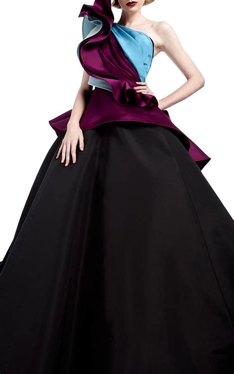 Ball Gown With Color Blocked Asymmetrical Sleeve And Peplum By