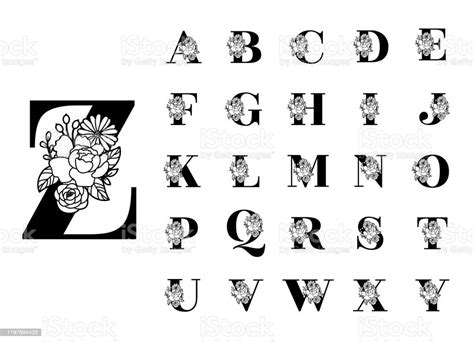 Floral Alphabet Cut Out Black Letters Flower Bouquet Silhouette Abc