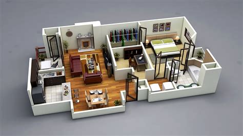Photo Realistic 3d Floor Plans One Bedroom House Home Design Plans