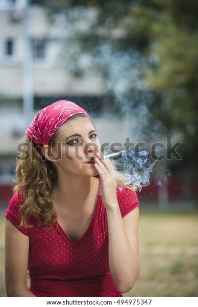 Young Retro Woman Smoking Outside Park Stock Photo 494975347 Shutterstock