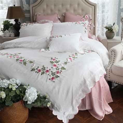 Luxury White Pink Rose Flowers Embroidery Tencel Silk Girl Bedding Set Queen King Size Duvet