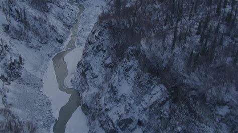 4k Stock Footage Aerial Video River At Bottom Of Snowy Canyon Forest