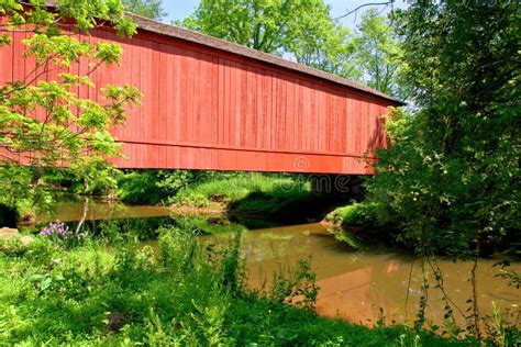 Antique Red Wood Covered Bridge Over A River Creek Stock Image Image