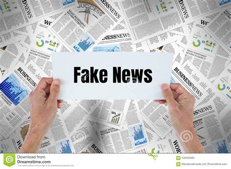 Hands Holding Card With Fake News Against 3d Newspapers Stock Image