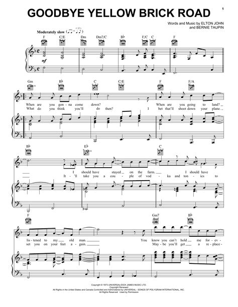 Goodbye Yellow Brick Road Sheet Music Elton John Piano Vocal And Guitar Chords Right Hand