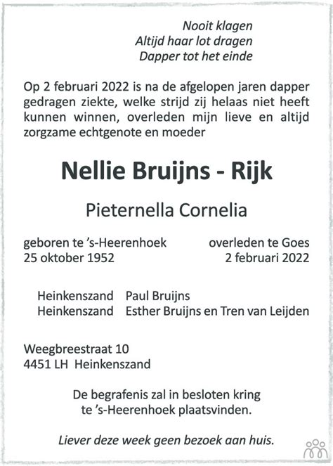 Nellie Peternella Cornelia Bruijns Rijk 02 02 2022 Overlijdensbericht