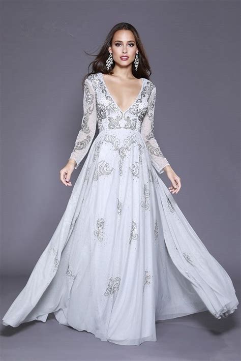 Long Sleeve Plunging Neckline Embellished Flare Silver Prom Dress