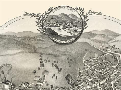 Montpelier Vermont In 1884 Birds Eye View Aerial Map Panorama