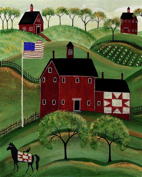 American Folk Art Red Quilt Horse Barn Painting By Cheryl Bartley