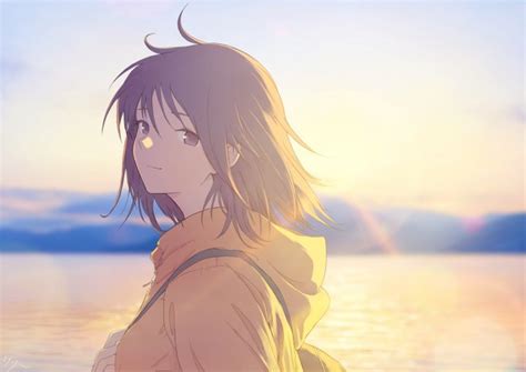 Wallpaper Anime Girl Profile View Sunlight Sea Beach Walking