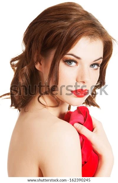 Attractive Naked Woman Red Material Isolated Stock Photo