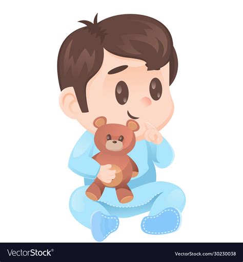 Cute Cartoon Baby Boy In Pajamas With Teddy Vector Image