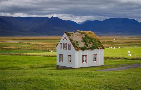 Wallpaper Roof Grass Mountains Nature House Iceland Sod House