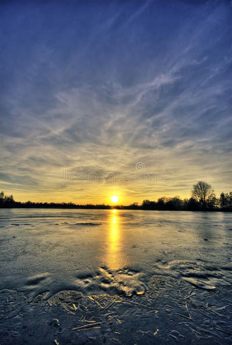 Sunset By A Frozen Lake Stock Photo Image Of Nature Crack 2032892