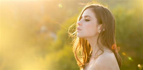 Spring Woman On Sunlight Romantic Portrait Sensual Sunny Face Banner For Website Header Stock