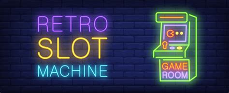 Retro Slot Machine Neon Style Banner On Brick Background