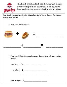 Math worksheets for teachers in elementary, middle school, kindergarten & preschool. Wendy's Menu Math by Living Life Skills | Teachers Pay ...