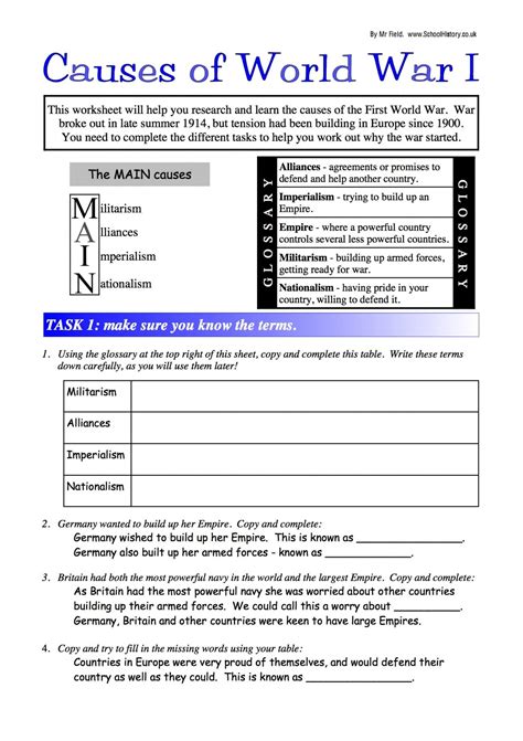 Causes Of World War One Worksheet