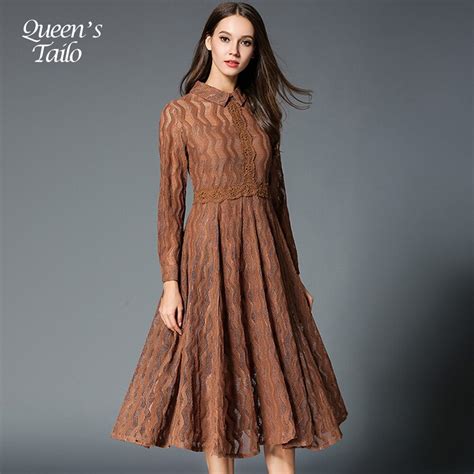 New Light Brown Hollow Out Woman Elegant Lace Dress Fashion A Line Knee Length Casual Party