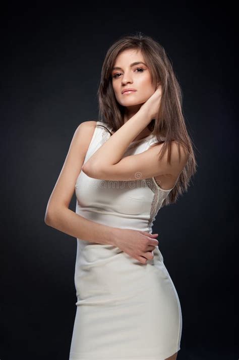 Brunette Woman In A White Dress Stock Photo Image Of Brunette Look