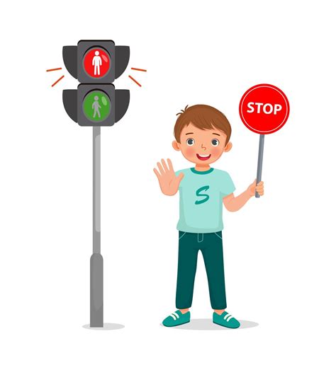 Cute Little Boy Holding Stop Sign Near Pedestrian Traffic Light With