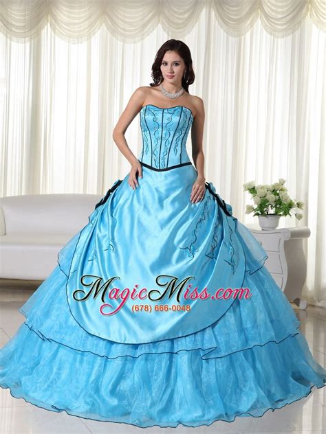 Aqua Ball Gown Strapless Floor Length Organza Beading Quinceanera Dress