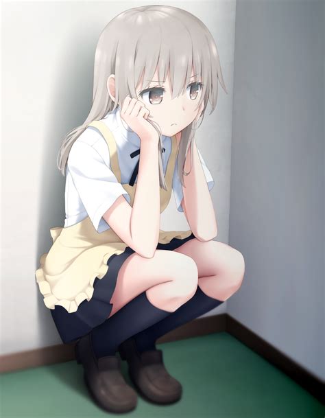 Wallpaper Anime Girls Long Hair Gray Hair Brown Eyes Skirt Knee Highs 1400x1800 Pvtpwn